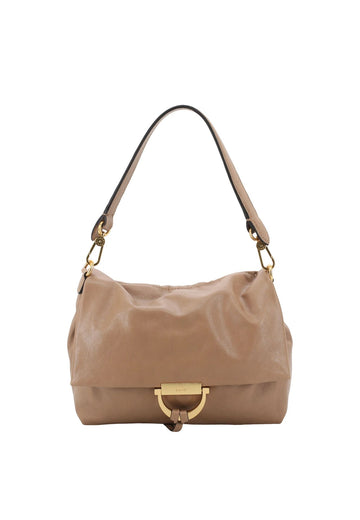A beige leather shoulder bag with a gold-tone D-ring closure and a black strap accent, shown against a plain white background.