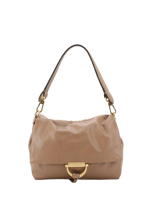 A beige leather shoulder bag with a gold-tone D-ring closure and a black strap accent, shown against a plain white background.