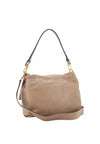 A taupe leather shoulder bag with a black leather strap and gold-tone hardware, shown against a plain white background.