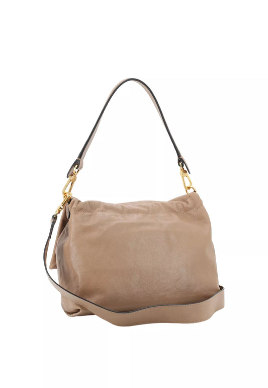 A taupe leather shoulder bag with a black leather strap and gold-tone hardware, shown against a plain white background.