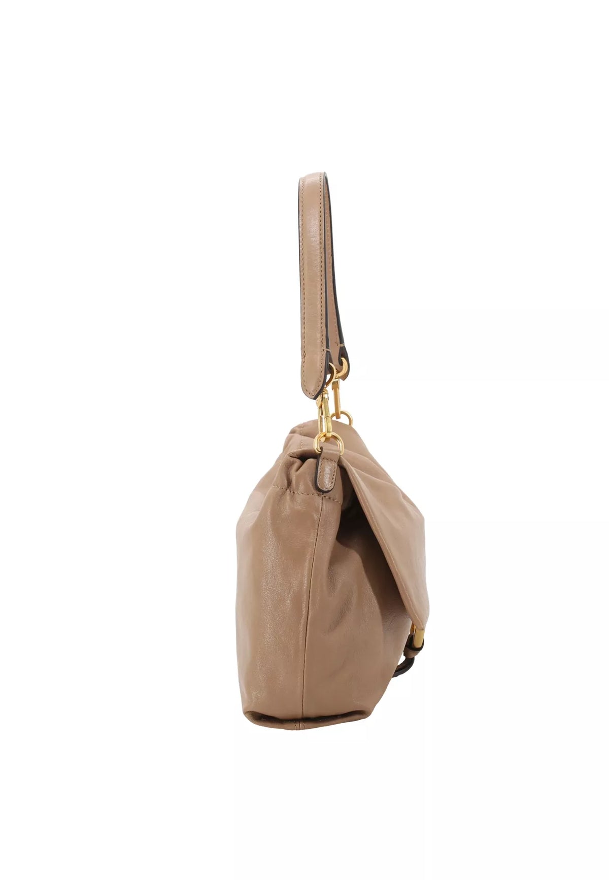 A taupe leather shoulder bag with a drawstring top and gold-tone hardware, shown from a side profile on a white background.