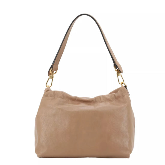 A beige leather slouchy shoulder bag with gold-tone hardware and a thin dark strap, shown against a plain white background.