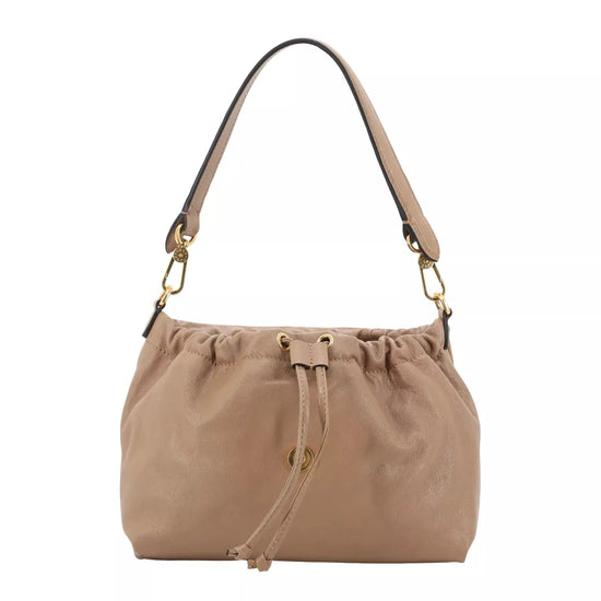 A taupe leather shoulder bag with a drawstring closure and gold-tone hardware, shown against a plain white background.