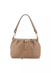 A taupe leather shoulder bag with a drawstring closure and gold-tone hardware, shown against a plain white background.