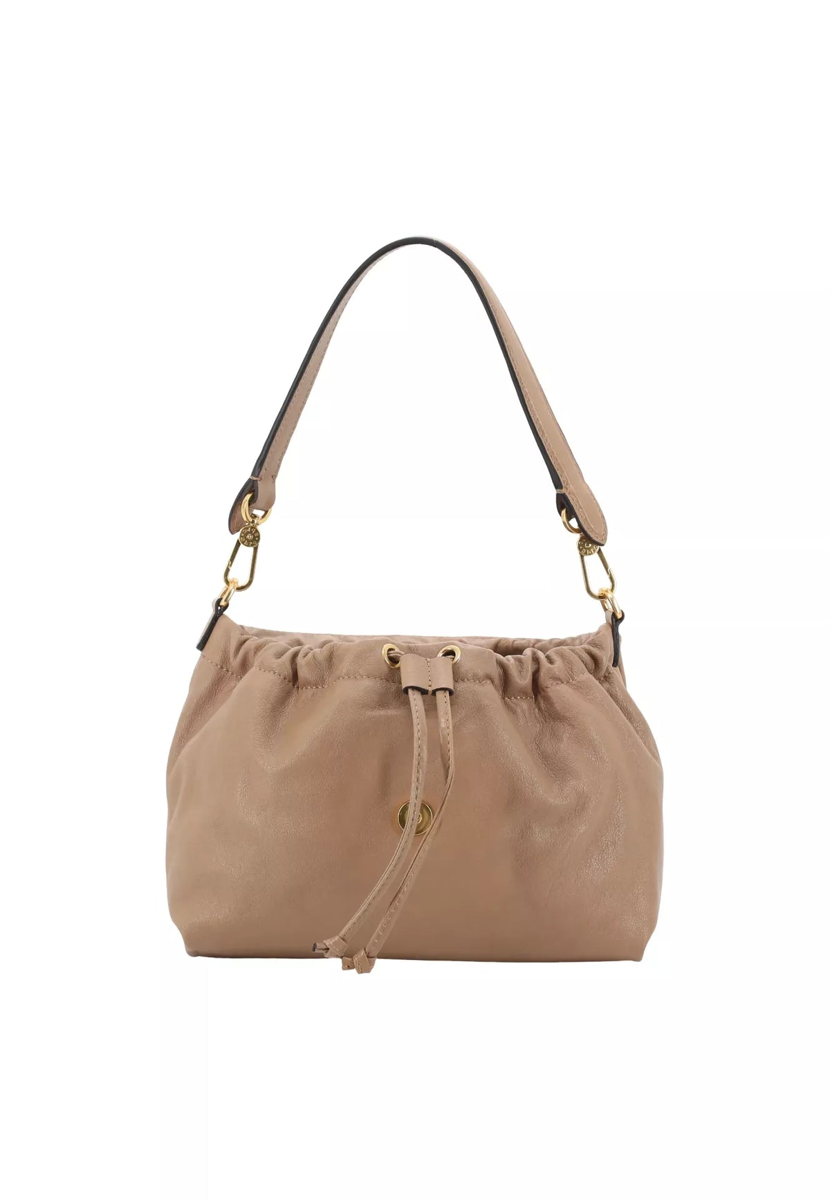 A taupe leather shoulder bag with a drawstring closure and gold-tone hardware, shown against a plain white background.
