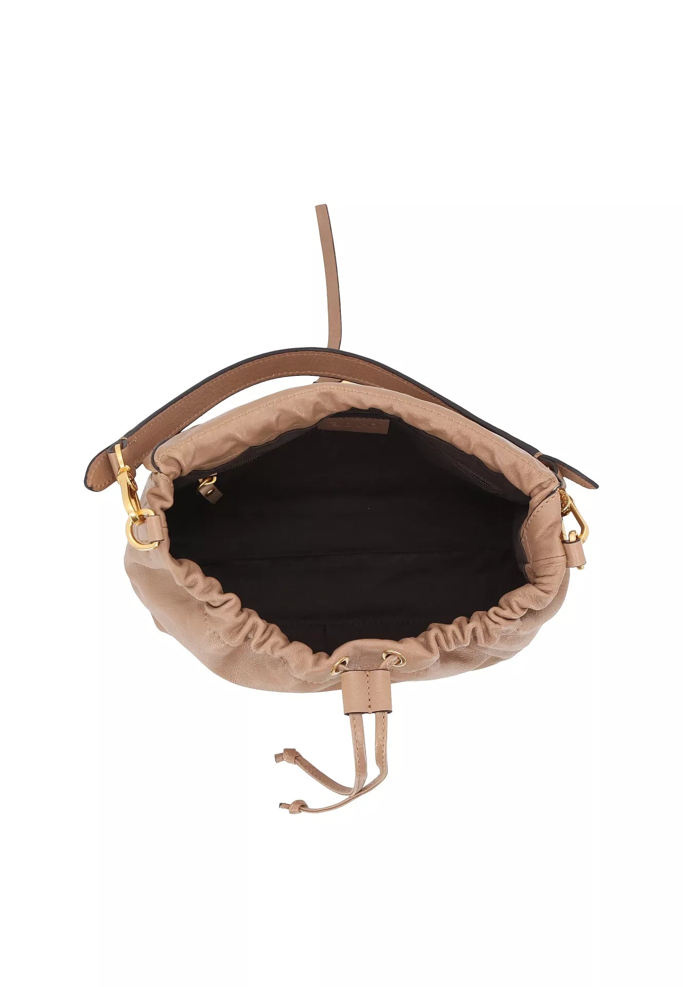 A top-down view of a beige leather bucket bag with a black interior lining and gold-tone hardware, shown on a plain white background.