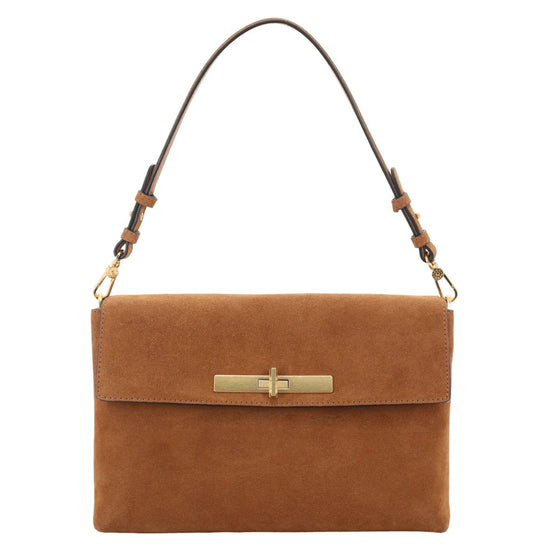 A medium brown suede shoulder bag with a single adjustable shoulder strap and a detachable crossbody strap, shown against a plain white background.
