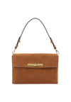 A medium brown suede shoulder bag with a single adjustable shoulder strap and a detachable crossbody strap, shown against a plain white background.