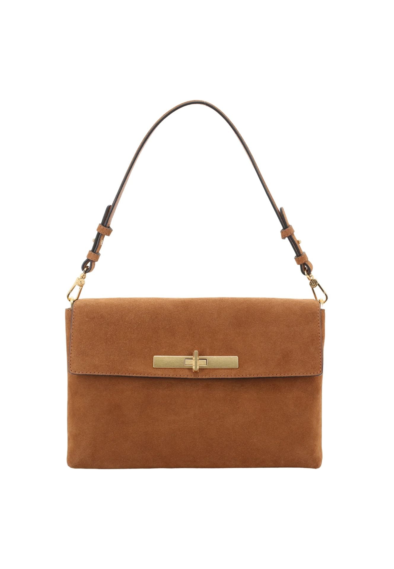 A medium brown suede shoulder bag with a single adjustable shoulder strap and a detachable crossbody strap, shown against a plain white background.