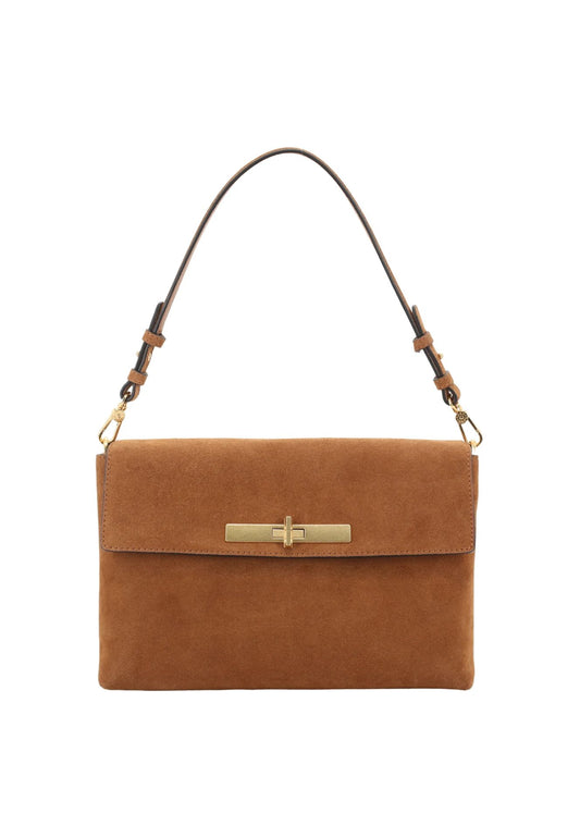 A medium brown suede shoulder bag with a single adjustable shoulder strap and a detachable crossbody strap, shown against a plain white background.