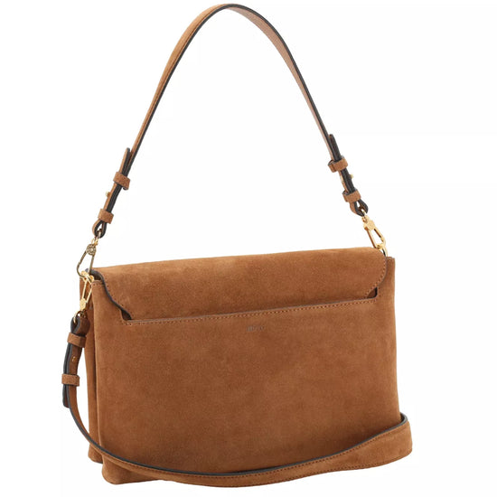 A medium brown suede shoulder bag with a single adjustable shoulder strap and a detachable crossbody strap, shown against a plain white background.
