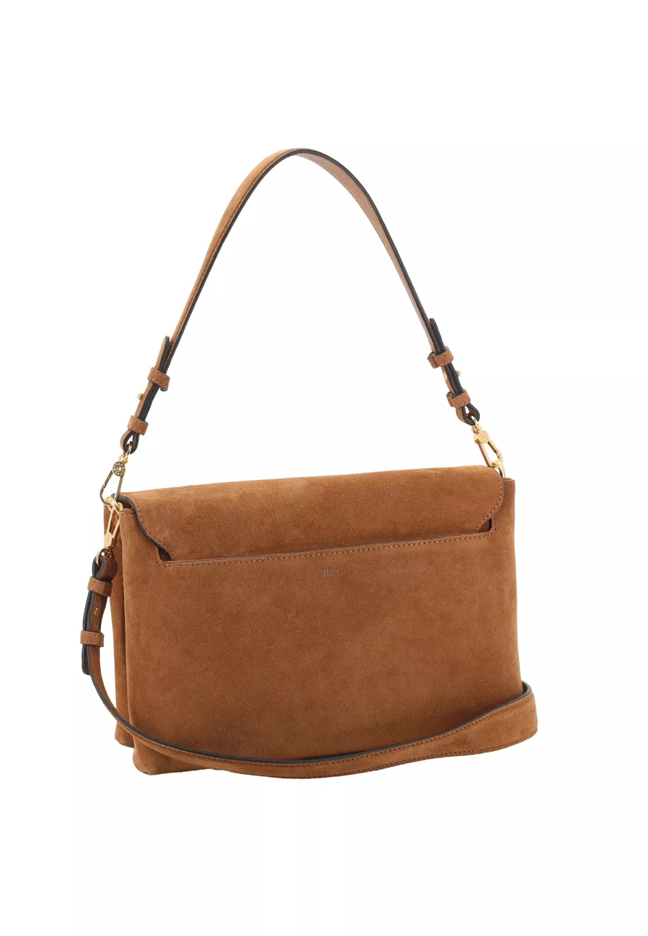 A medium brown suede shoulder bag with a single adjustable shoulder strap and a detachable crossbody strap, shown against a plain white background.