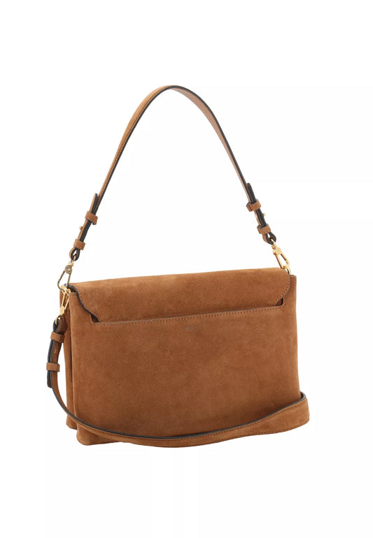 A medium brown suede shoulder bag with a single adjustable shoulder strap and a detachable crossbody strap, shown against a plain white background.