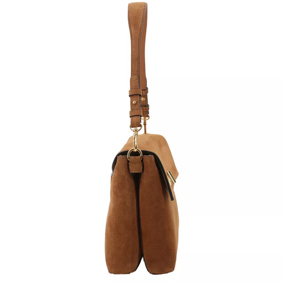 A medium brown suede shoulder bag with a single adjustable shoulder strap and a detachable crossbody strap, shown against a plain white background.