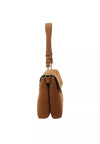 A medium brown suede shoulder bag with a single adjustable shoulder strap and a detachable crossbody strap, shown against a plain white background.