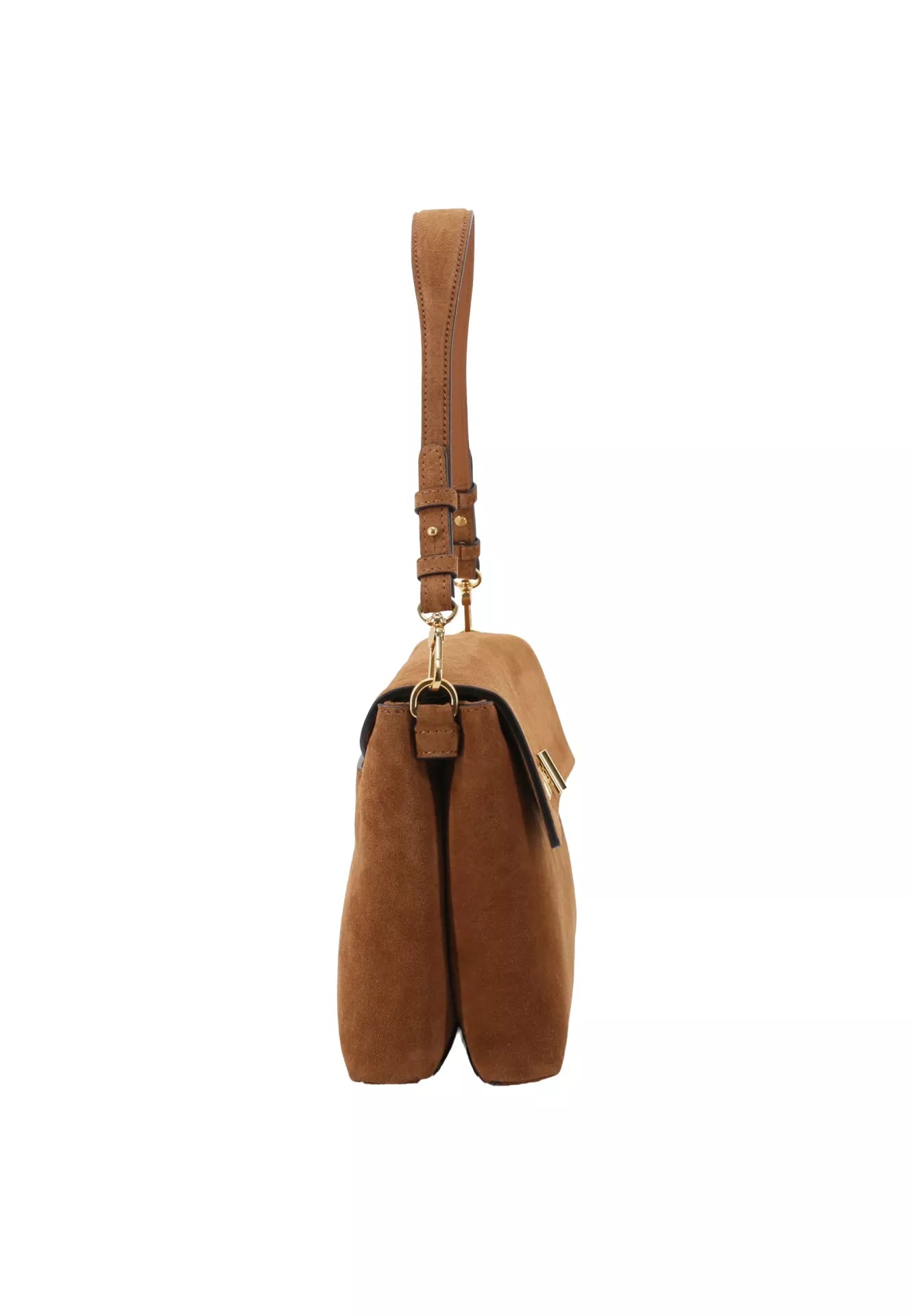 A medium brown suede shoulder bag with a single adjustable shoulder strap and a detachable crossbody strap, shown against a plain white background.