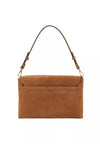 A tan suede shoulder bag with a matching leather shoulder strap and gold-tone hardware, shown against a plain white background.