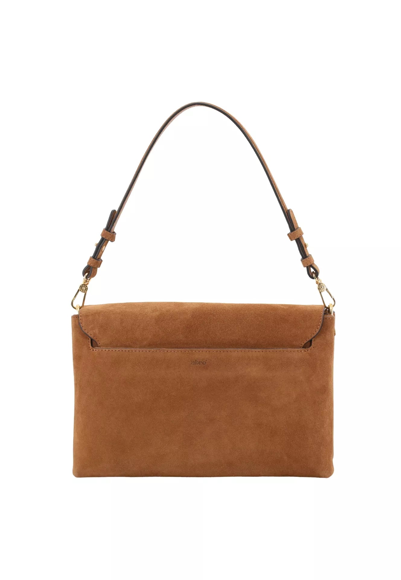 A tan suede shoulder bag with a matching leather shoulder strap and gold-tone hardware, shown against a plain white background.