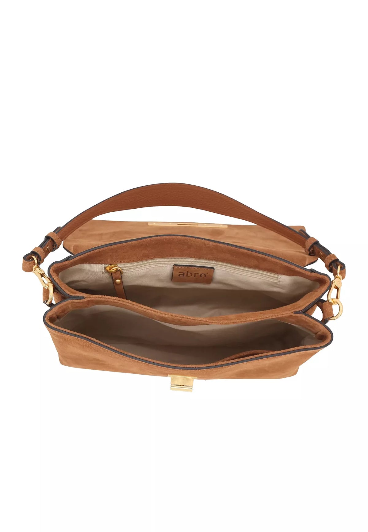 An open brown suede shoulder bag with gold-tone hardware, showing its interior compartments and a tan leather brand patch that reads 'abco'.
