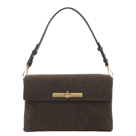 A dark brown suede shoulder bag with a single adjustable strap and gold-tone hardware, shown against a plain white background.