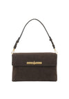 A dark brown suede shoulder bag with a single adjustable strap and gold-tone hardware, shown against a plain white background.