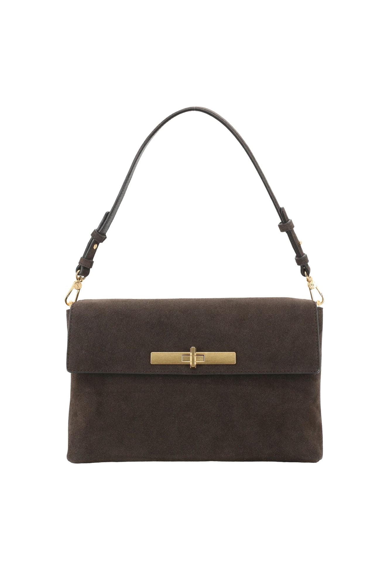 A dark brown suede shoulder bag with a single adjustable strap and gold-tone hardware, shown against a plain white background.