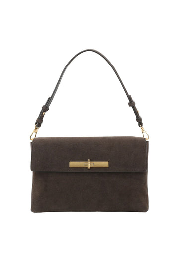 A dark brown suede shoulder bag with a single adjustable strap and gold-tone hardware, shown against a plain white background.