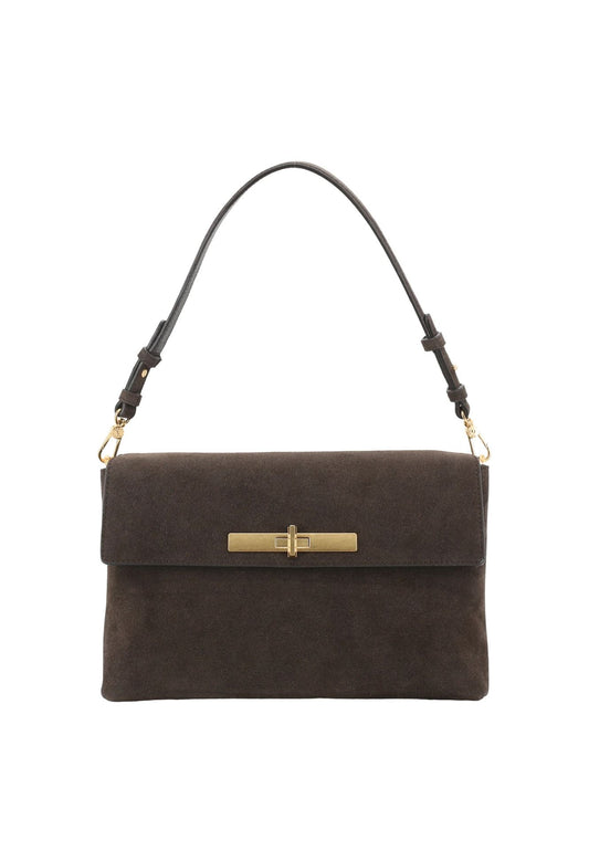 A dark brown suede shoulder bag with a single adjustable strap and gold-tone hardware, shown against a plain white background.