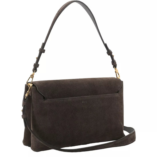 A dark brown suede shoulder bag with a top flap, gold-tone hardware, and a long shoulder strap, shown against a plain white background.