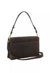 A dark brown suede shoulder bag with a top flap, gold-tone hardware, and a long shoulder strap, shown against a plain white background.