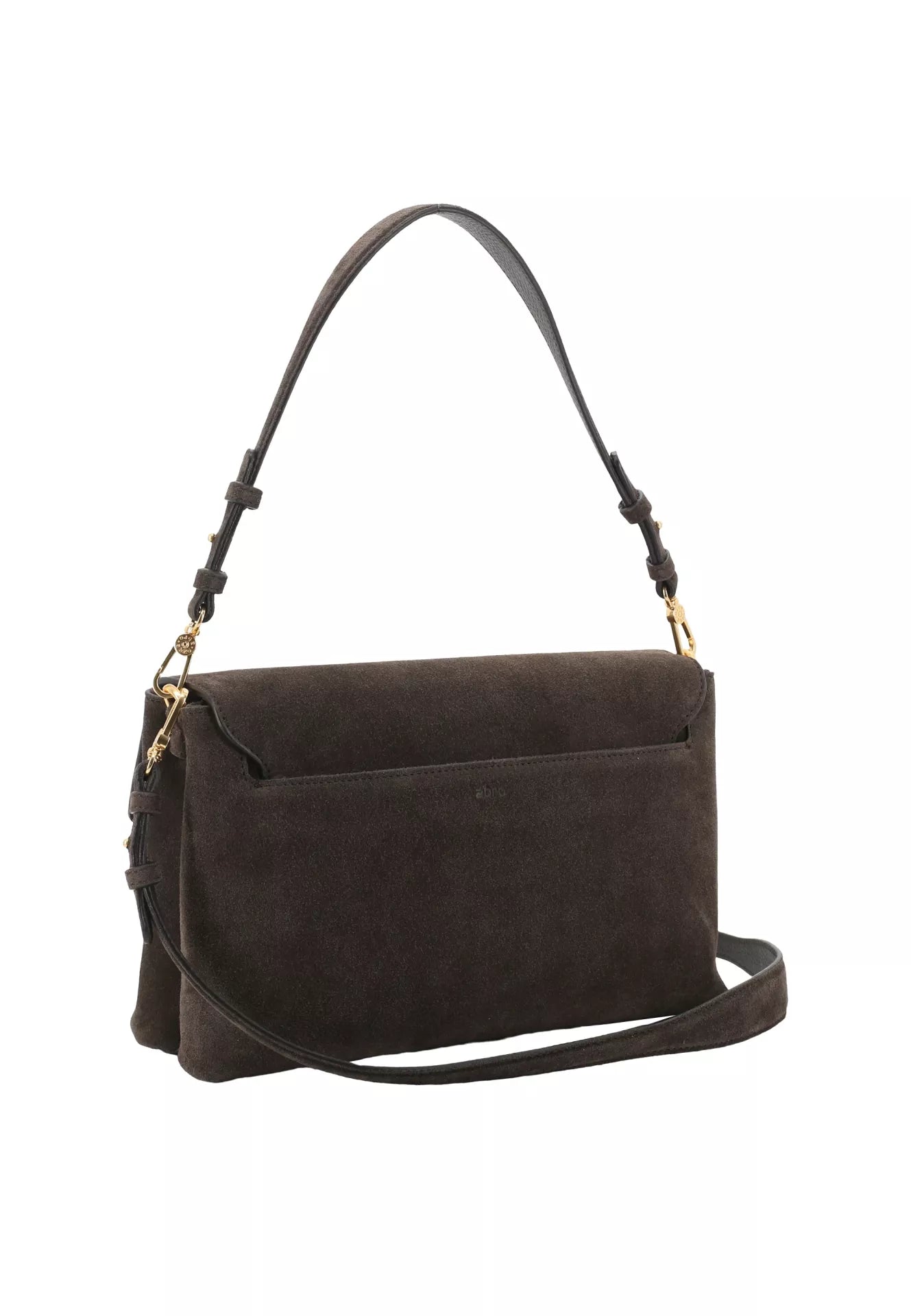 A dark brown suede shoulder bag with a top flap, gold-tone hardware, and a long shoulder strap, shown against a plain white background.