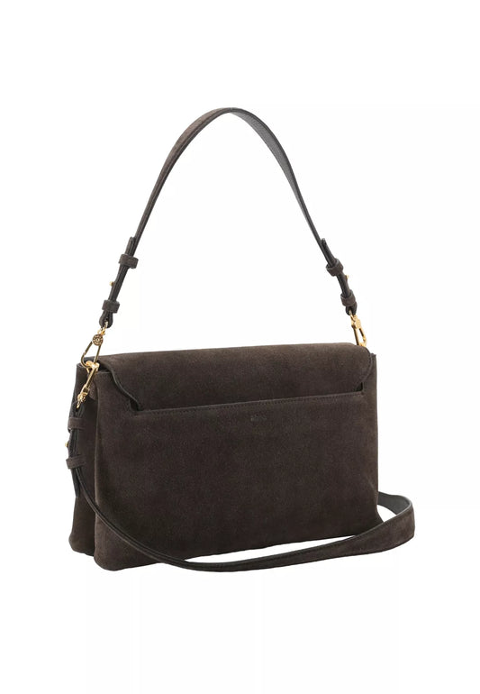 A dark brown suede shoulder bag with a top flap, gold-tone hardware, and a long shoulder strap, shown against a plain white background.