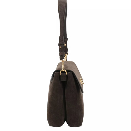 A dark brown suede shoulder bag with a single adjustable strap and gold-tone hardware, shown against a plain white background.
