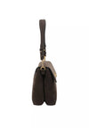 A dark brown suede shoulder bag with a single adjustable strap and gold-tone hardware, shown against a plain white background.
