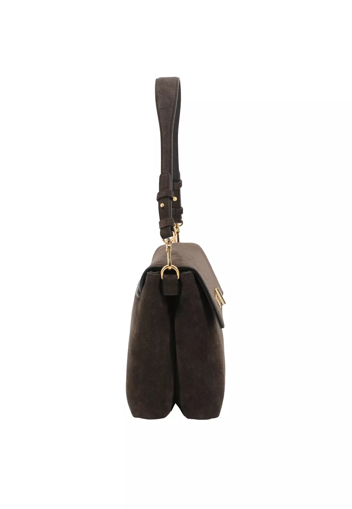 A dark brown suede shoulder bag with a single adjustable strap and gold-tone hardware, shown against a plain white background.