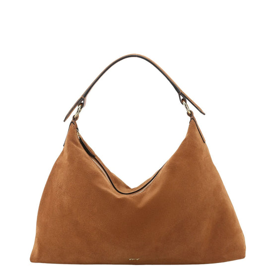 A camel brown suede hobo handbag with a single shoulder strap, photographed against a solid white background.