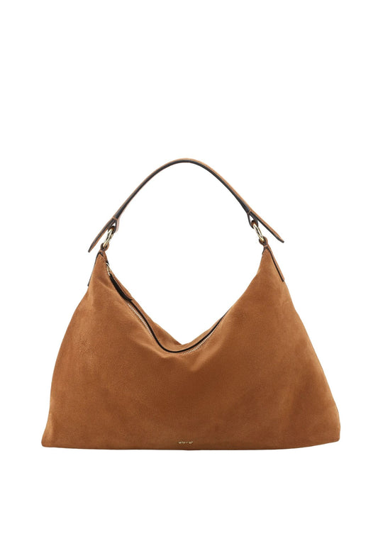 A camel brown suede hobo handbag with a single shoulder strap, photographed against a solid white background.