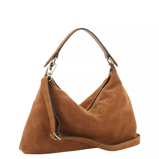A brown suede hobo shoulder bag with a single top handle and a detachable shoulder strap, shown on a plain white background.