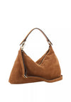 A brown suede hobo shoulder bag with a single top handle and a detachable shoulder strap, shown on a plain white background.