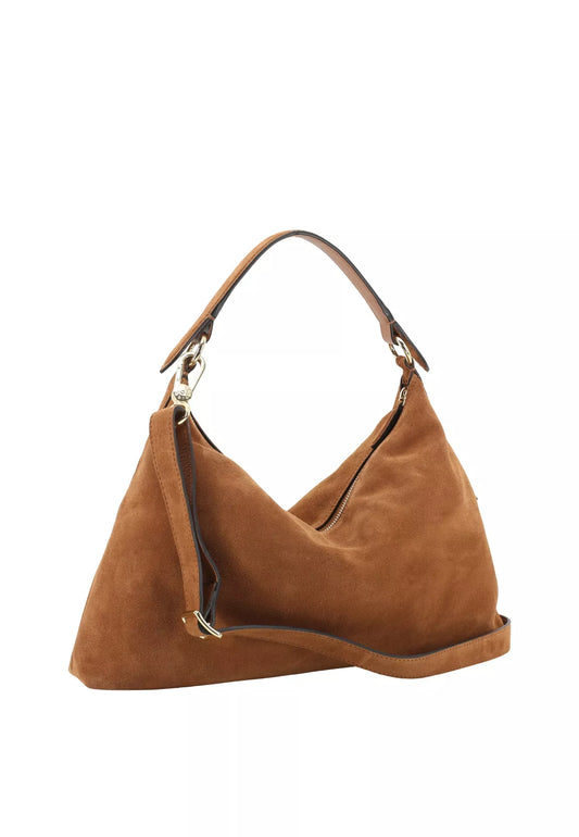 A brown suede hobo shoulder bag with a single top handle and a detachable shoulder strap, shown on a plain white background.