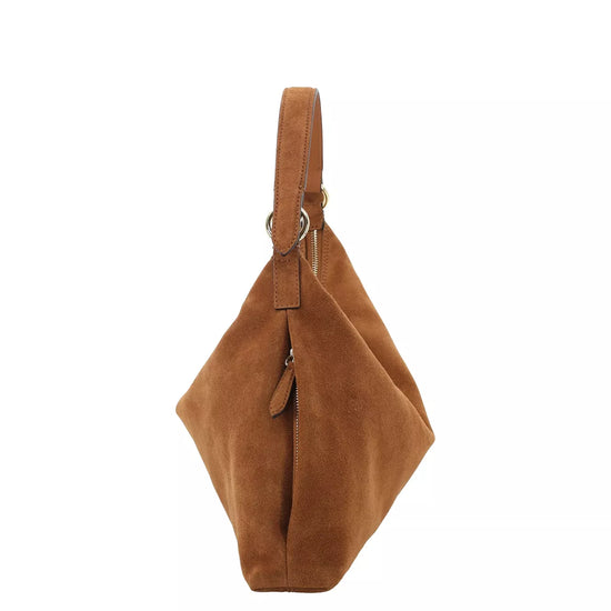 A brown suede hobo shoulder bag with a single top handle and a detachable shoulder strap, shown on a plain white background.