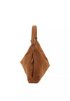 A brown suede hobo shoulder bag with a single top handle and a detachable shoulder strap, shown on a plain white background.