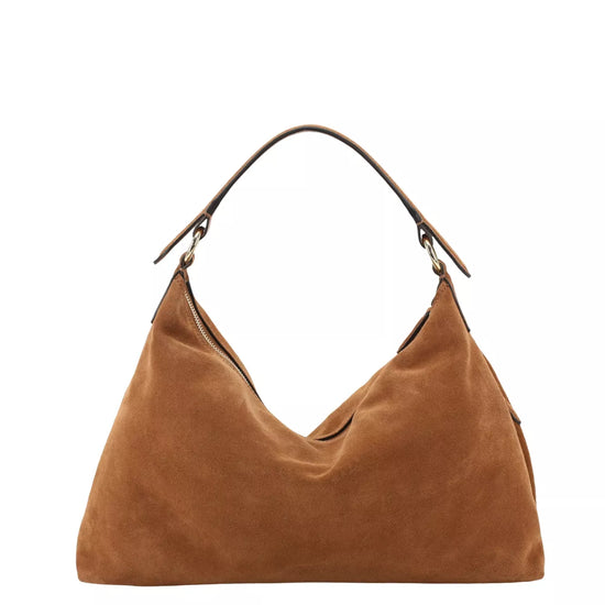 A brown suede hobo shoulder bag with a single top handle and a detachable shoulder strap, shown on a plain white background.