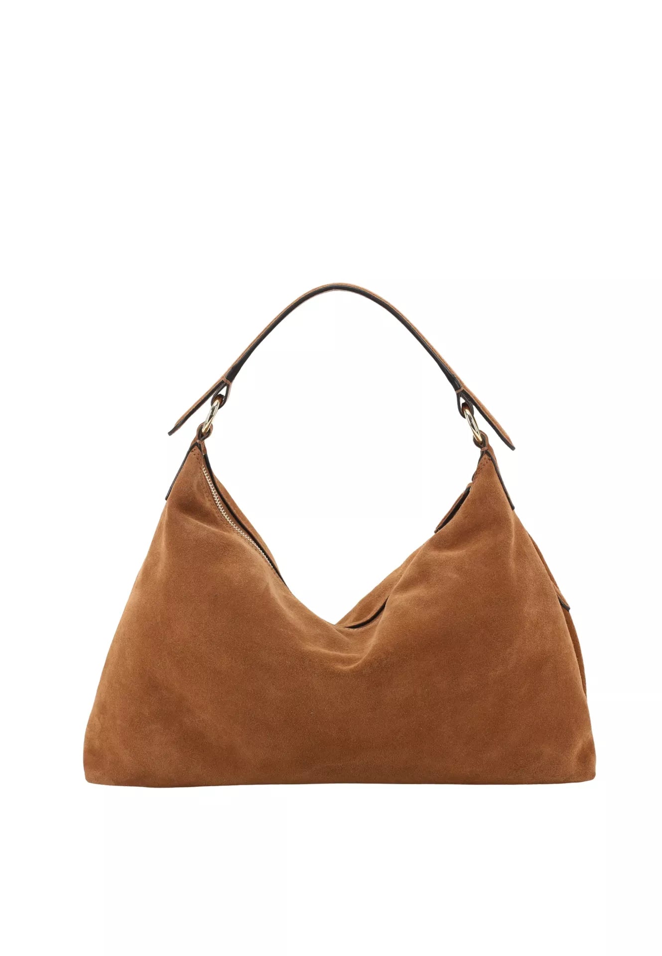 A brown suede hobo shoulder bag with a single top handle and a detachable shoulder strap, shown on a plain white background.
