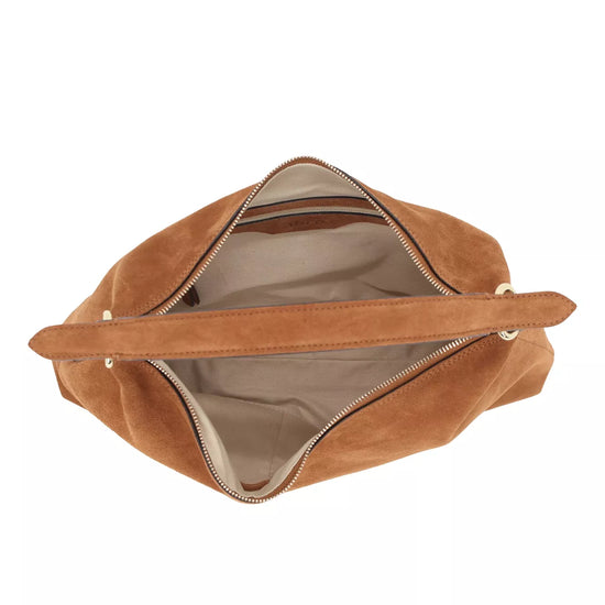 A top-down view of a brown suede shoulder bag with a zippered closure and a matching strap, shown open against a plain white background.