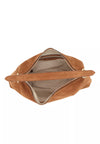 A top-down view of a brown suede shoulder bag with a zippered closure and a matching strap, shown open against a plain white background.