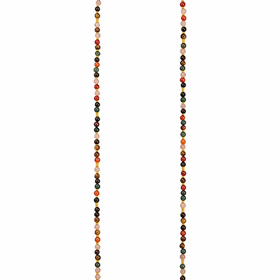A long beaded necklace composed of small multicolored round beads with a gold clasp, displayed vertically against a plain white background.