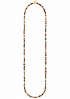 A long beaded necklace composed of small multicolored round beads with a gold clasp, displayed vertically against a plain white background.