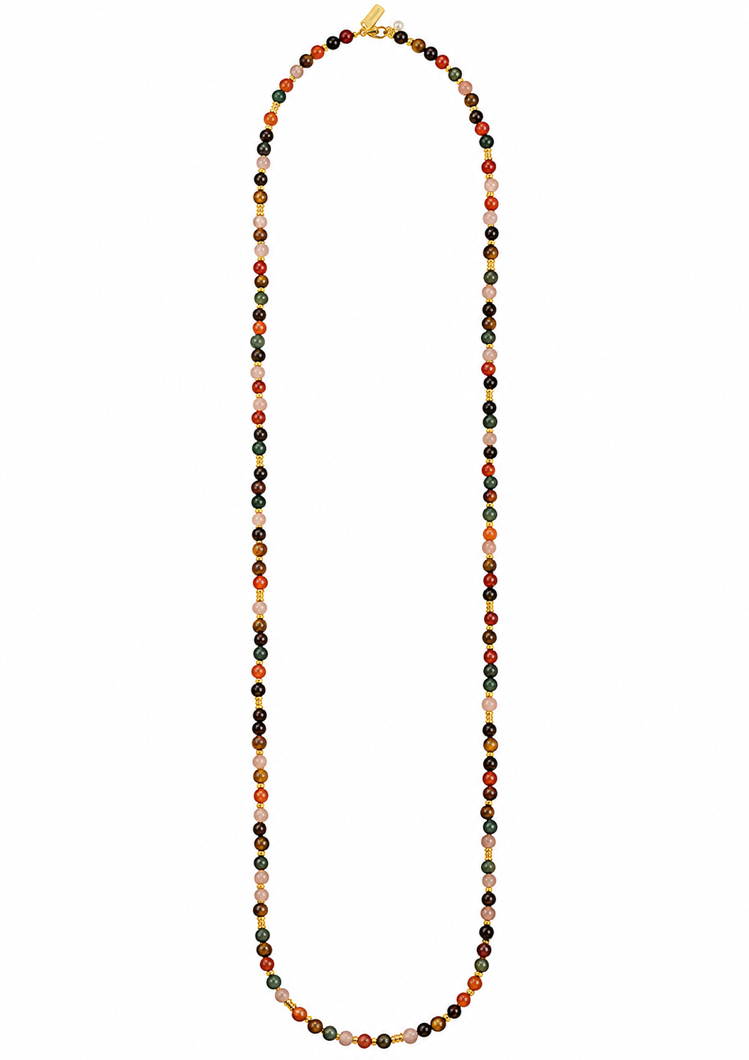 A long beaded necklace composed of small multicolored round beads with a gold clasp, displayed vertically against a plain white background.