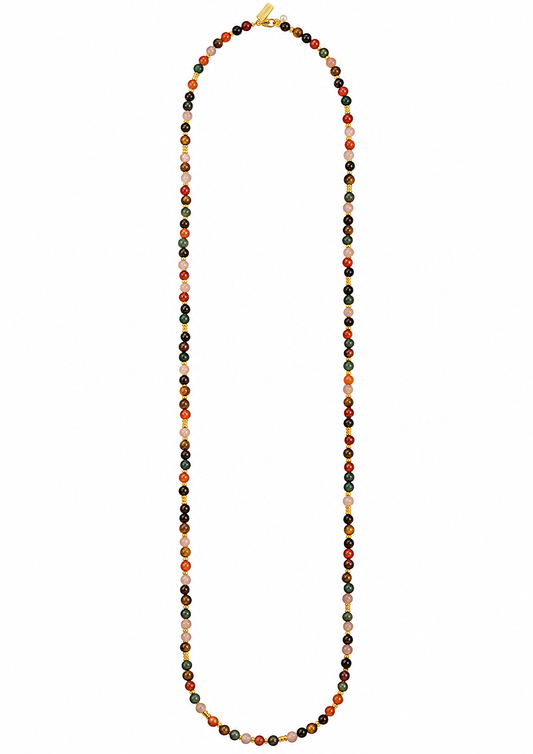 A long beaded necklace composed of small multicolored round beads with a gold clasp, displayed vertically against a plain white background.